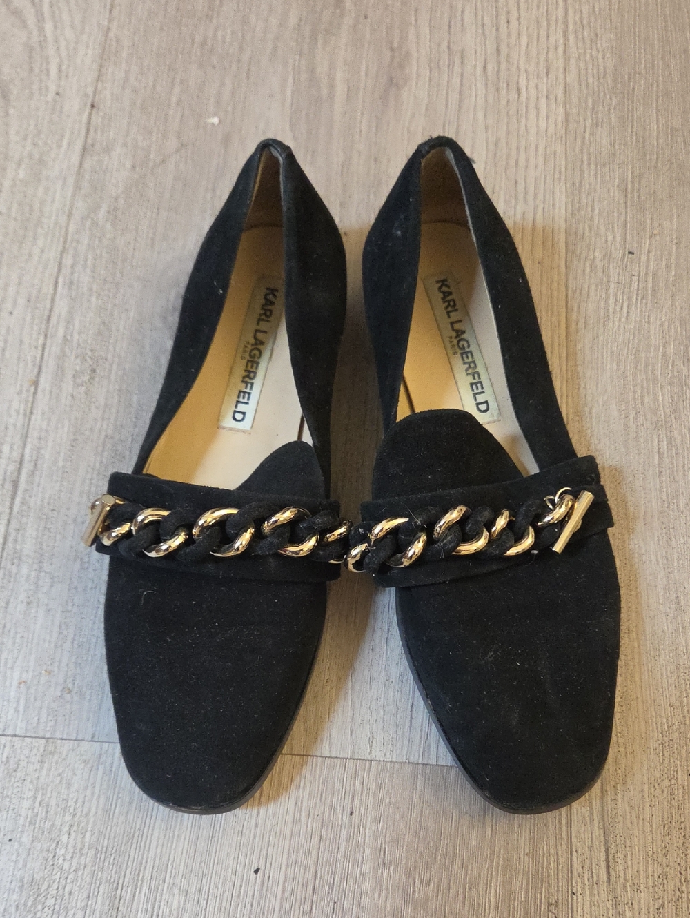 Karl Lagerfeld Black Suede Loafers with Gold Chain Trim